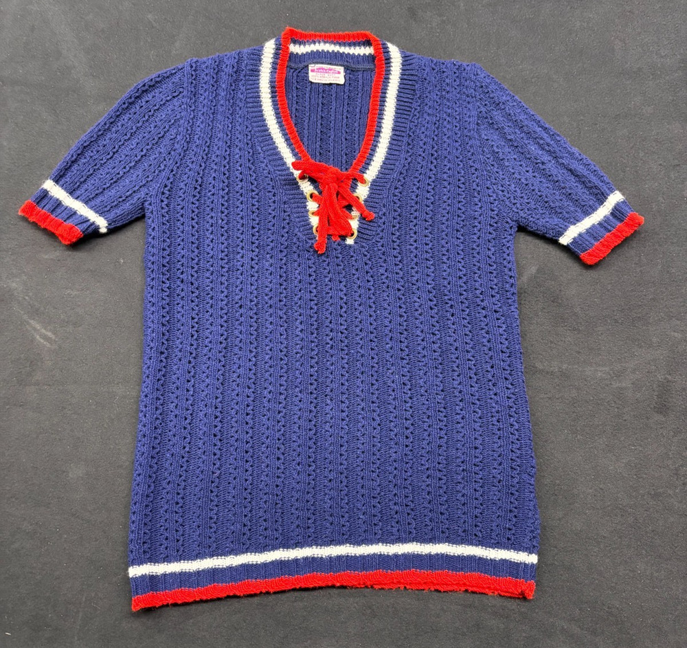 Vintage 70s Lace Up Sweater Scotch English Nautical Navy Red White Knit Tunic